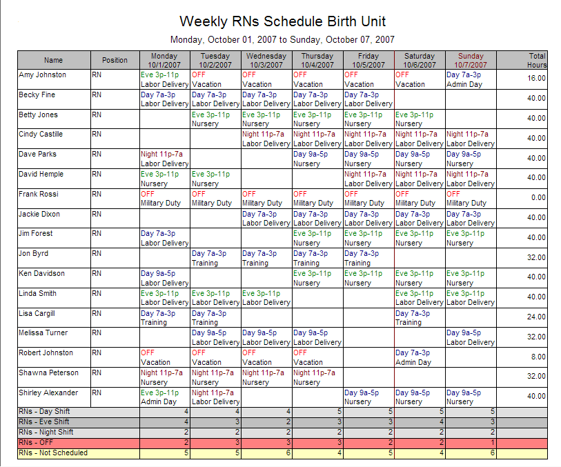 Schedule For Employees Sample